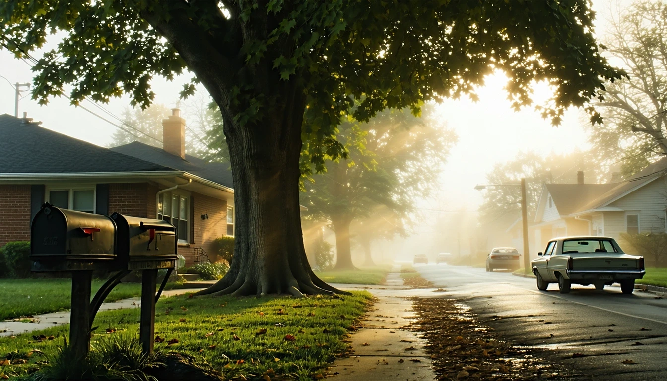 A foggy morning street view in Overland Park with mailboxes, an old sedan under a maple tree, and sidewalks in front of ranch homes.