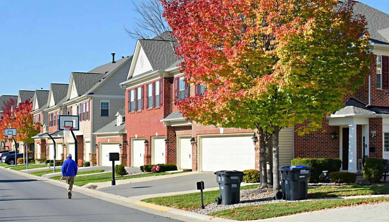 Residential street in Blue Springs, Missouri with rows of modern brick homes, fall foliage, and a man walking on the sidewalk.