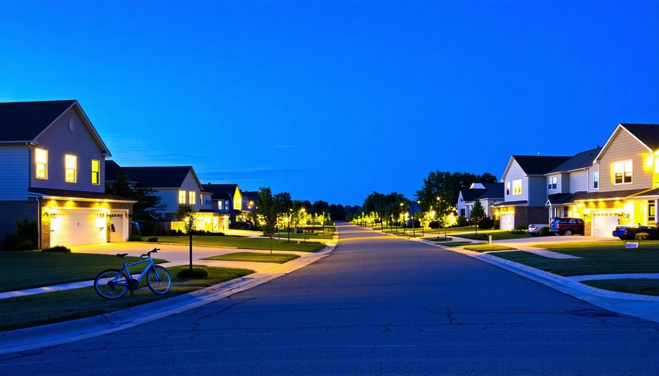 A residential cul-de-sac in Raymore, Missouri at dusk with a child's bicycle in the foreground.