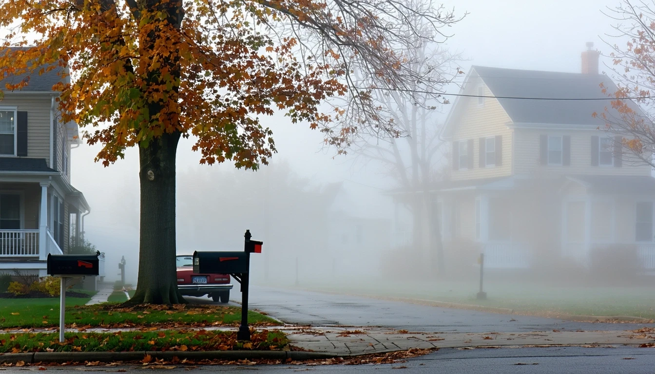 A foggy morning street in Reston, VA with mailboxes, an old sedan under a maple tree, and colonial houses.
