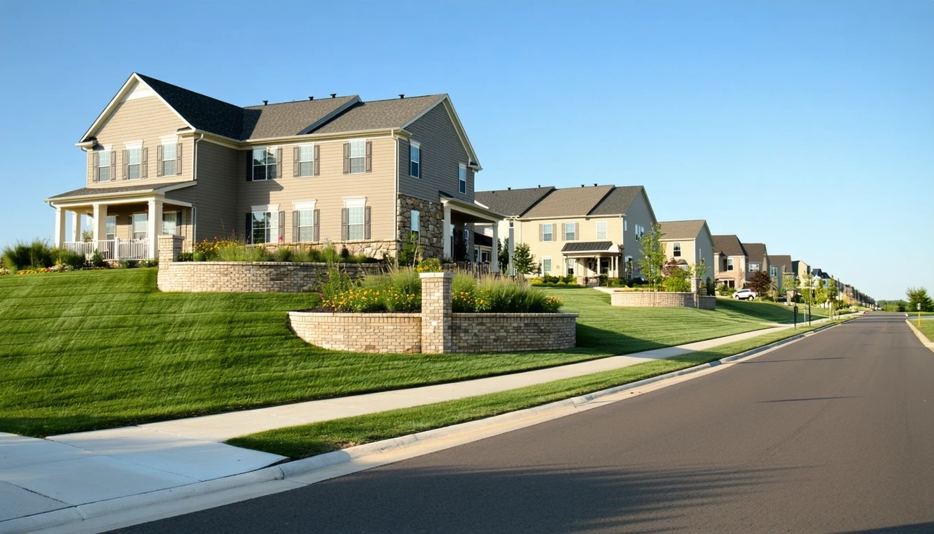 A cul-de-sac entrance in an Olathe, Kansas suburb with modern craftsman-style homes, manicured lawns, and residents starting their day.