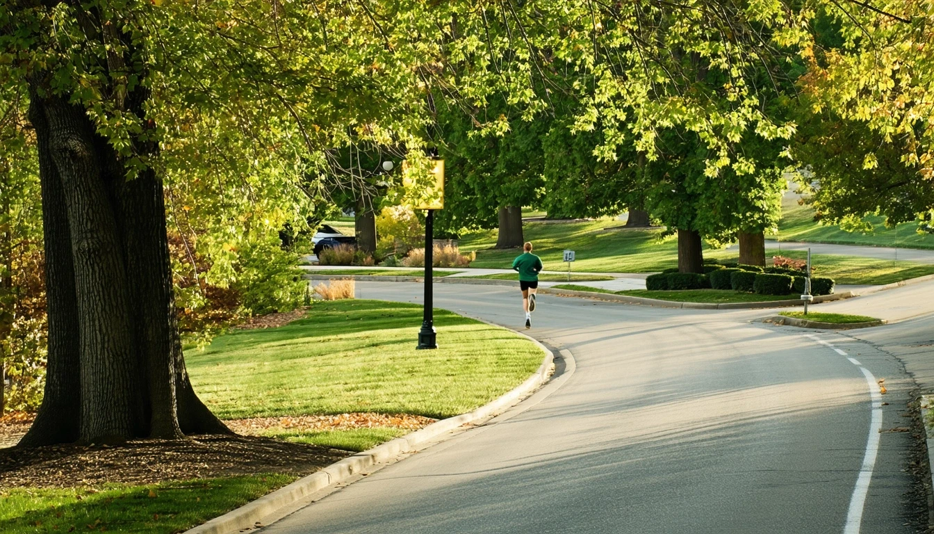 Tree-lined sidewalk winding through an Overland Park neighborhood with glimpses of upscale homes and a jogger in the distance.