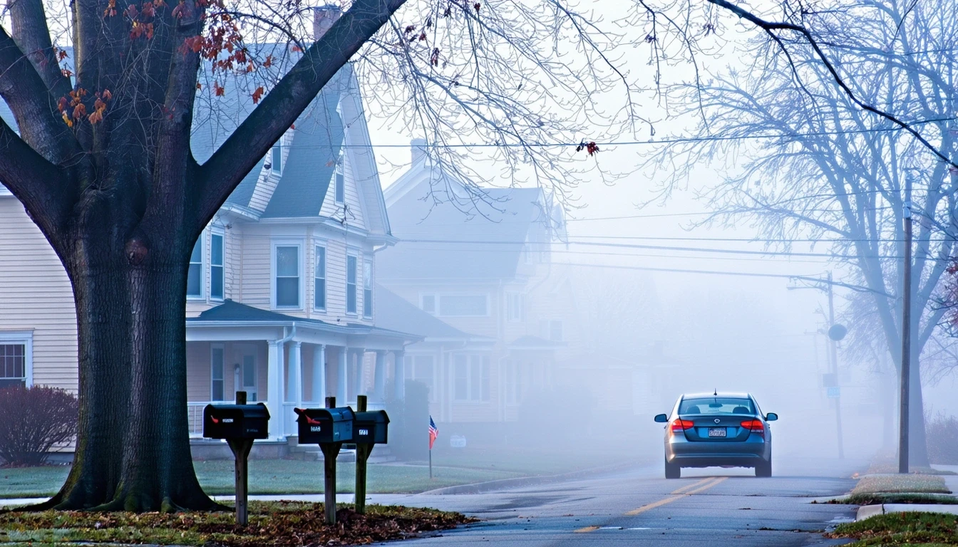 A foggy morning street in Leawood, Kansas with two-story homes, manicured lawns, and an old sedan parked under a maple tree.
