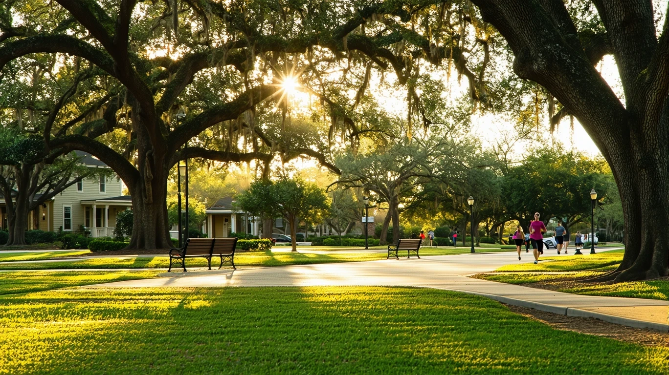 Peaceful park with lawn, oak trees, benches, and people on path in golden evening light.
