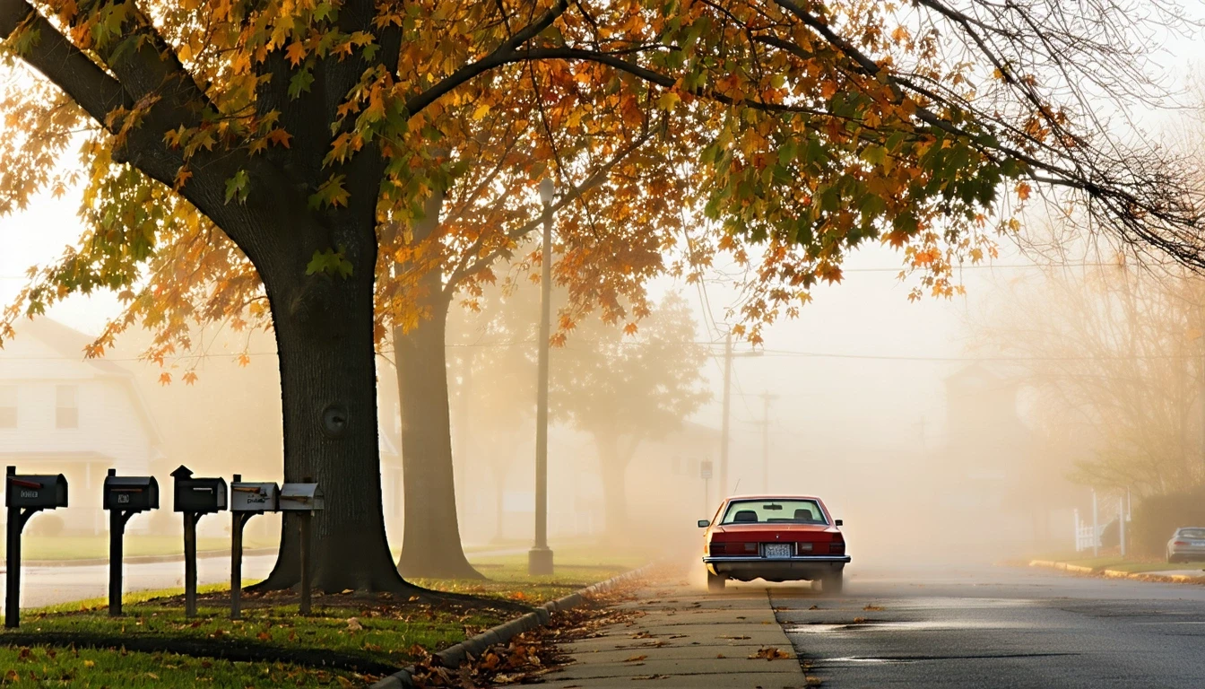 A foggy morning street in Bensalem, PA with mailboxes, an old sedan, and an autumn maple tree.