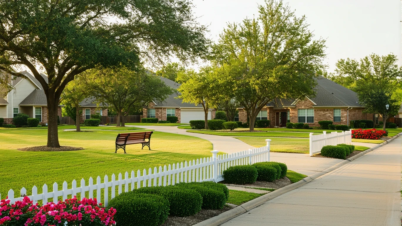 A tree-shaded neighborhood park with a path and bench, viewed from across a residential street in Lewisville, Texas.