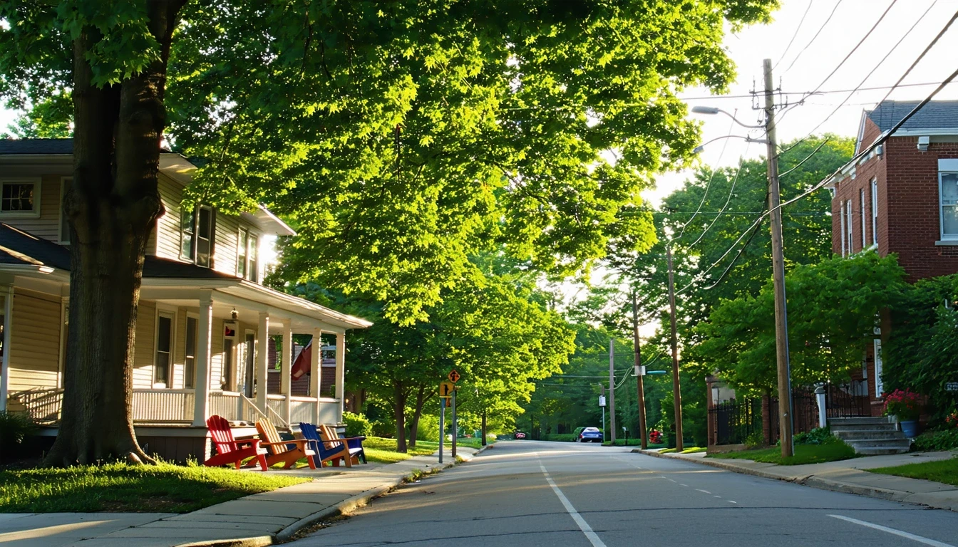 Tree-lined street in Kansas City, Missouri with historic homes, porches, sidewalks, and dappled sunlight.