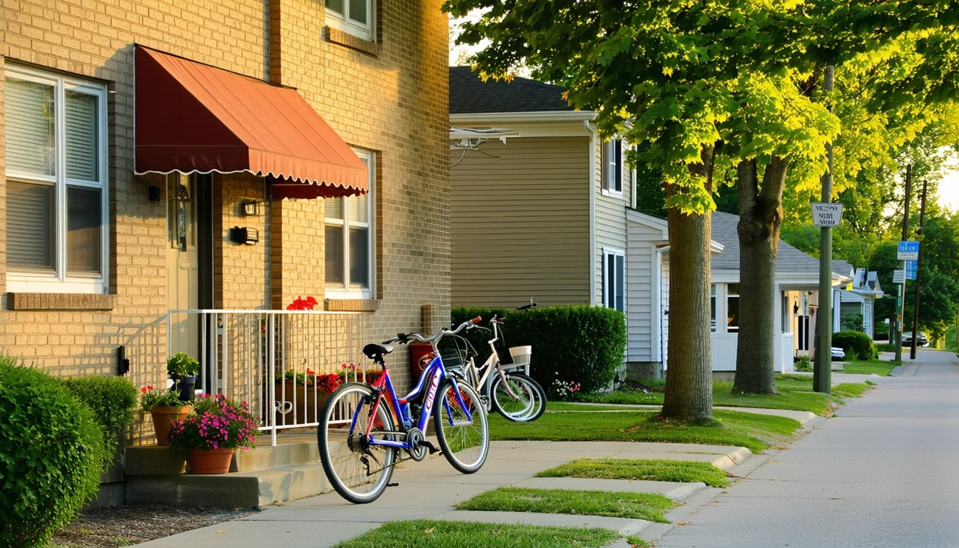 A welcoming apartment building with bicycles and potted plants in Gladstone, Missouri on a tree-lined street.