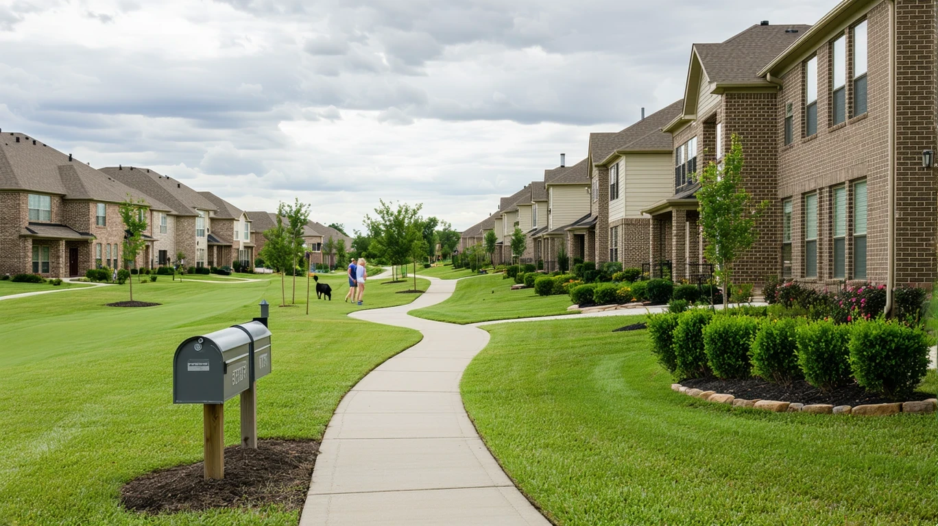 A view of a sidewalk winding past mailboxes and homes in a Plano neighborhood.