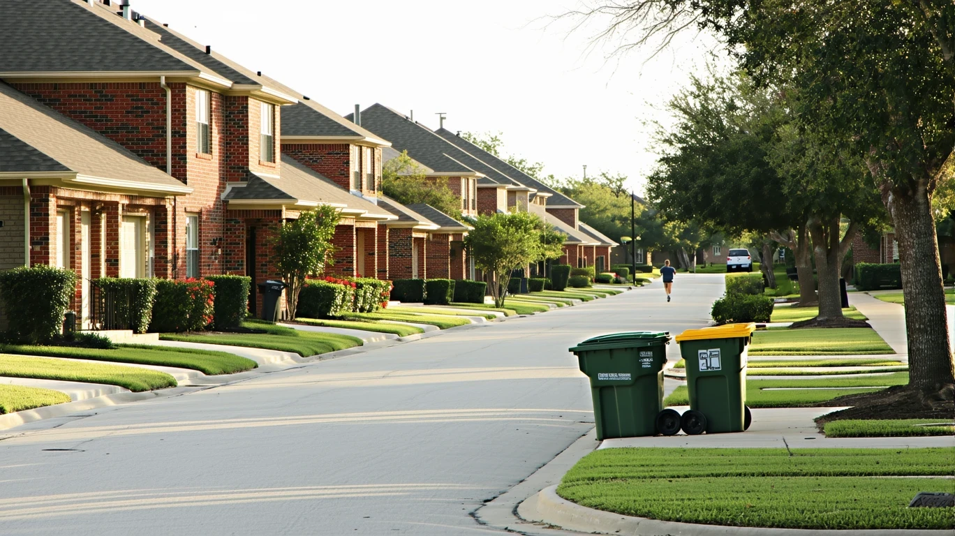 Residential street in San Marcos, TX with red-brick homes, recycling bins and a jogger on a clear day.