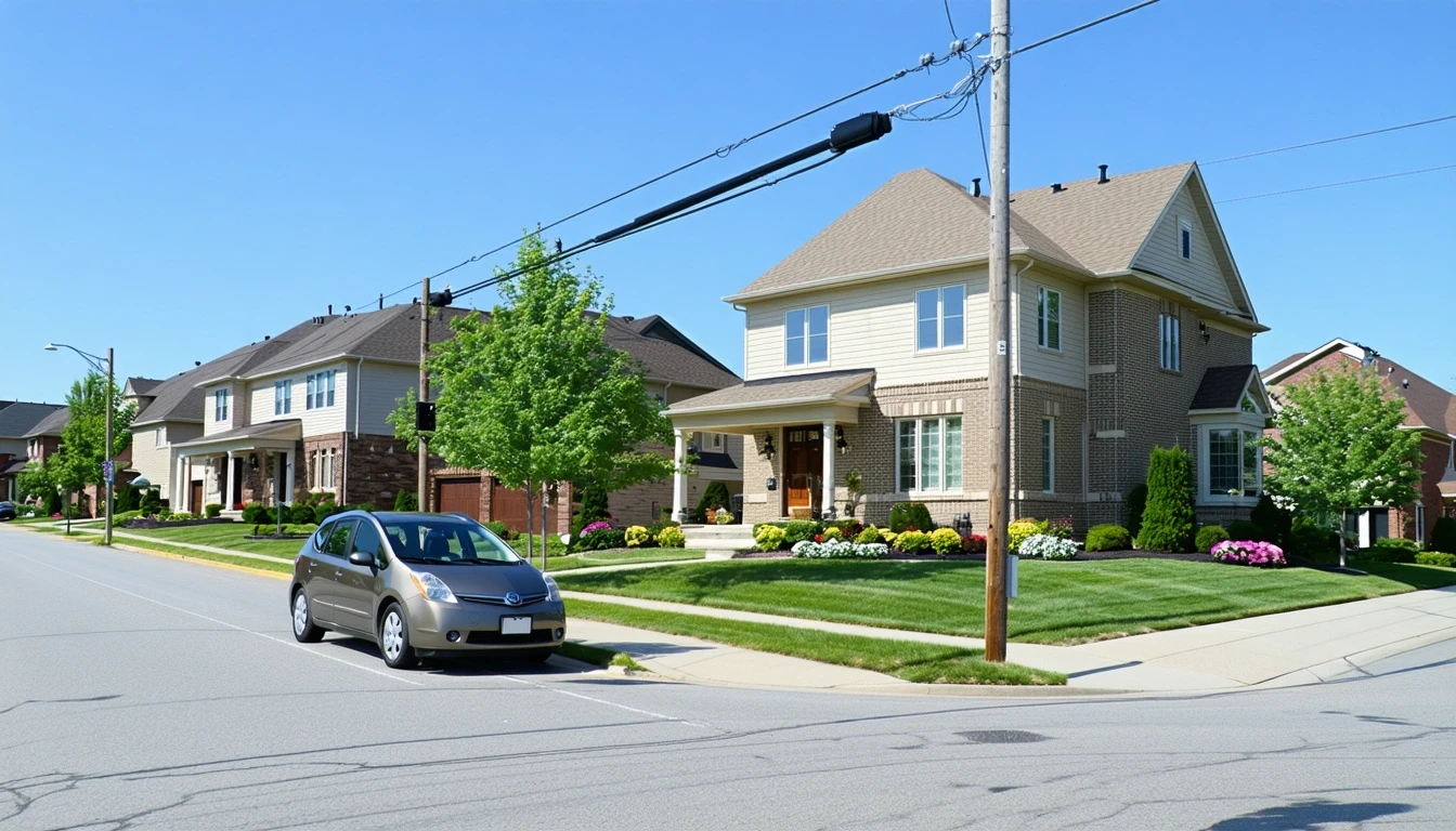 A modern suburban corner in Canton, Michigan with newer homes, tidy lawns, a parked car, and overhead power lines against a clear blue sky.