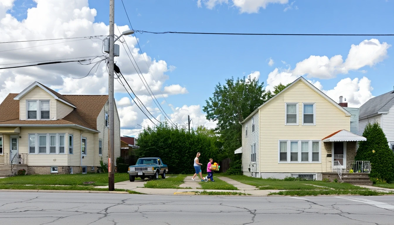 Residential street corner in Dearborn, Michigan with woman carrying groceries, couple with stroller, parked car and overhead power lines.