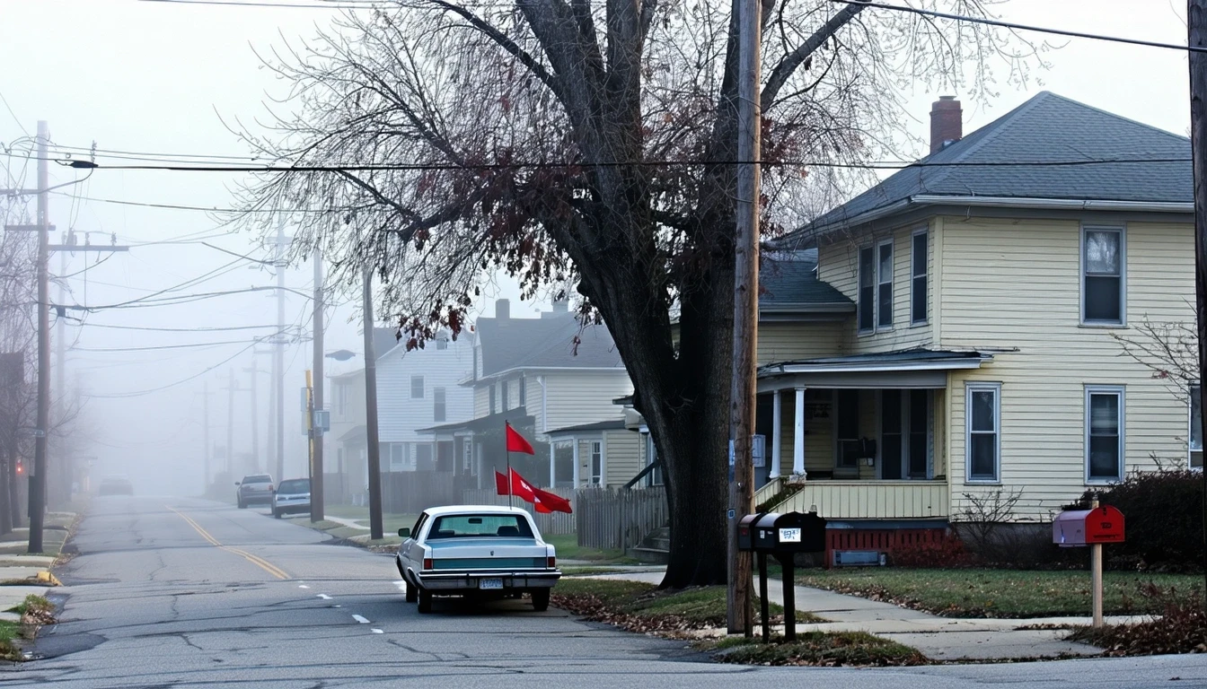A foggy morning on an older residential street in Detroit, with a vintage car parked under a large maple tree.