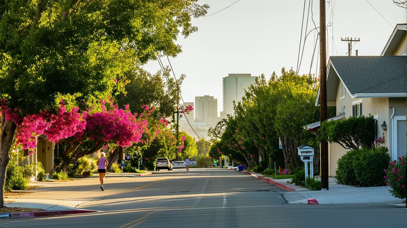 Tree-shaded street in Santa Clara with ranch homes, blooming front yards, and downtown in the distance.