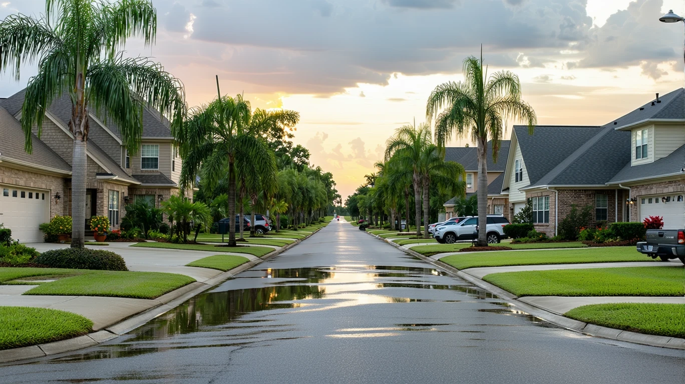 A wide suburban street lined with palm trees and tidy houses after a rain shower, puddles reflecting the colorful sunset sky.