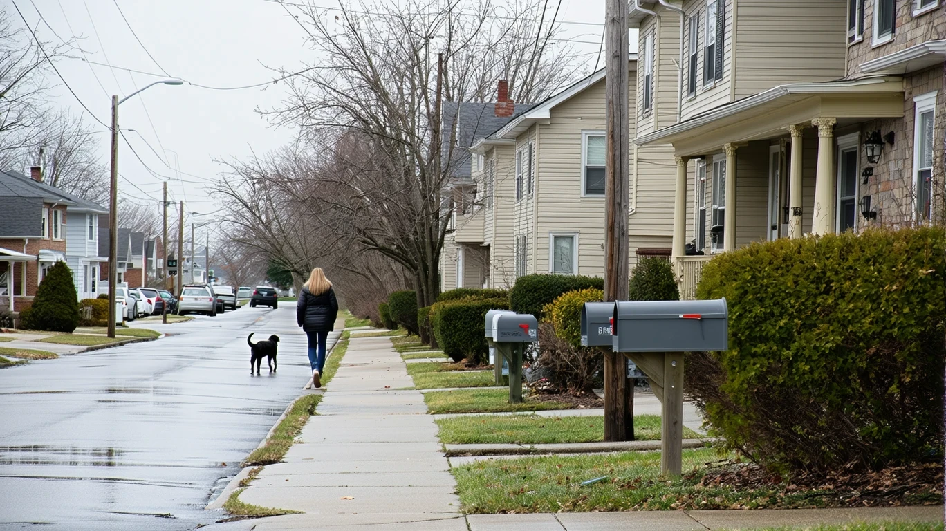 A residential street in Cincinnati after a rain, with a row of mailboxes, parked cars, and a woman walking her dog on the sidewalk.