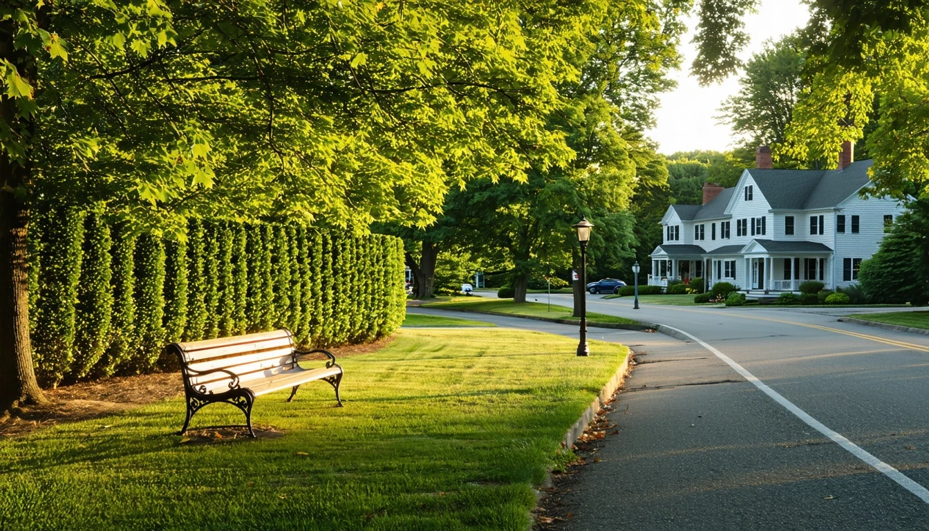 Neighborhood park in Glastonbury, Connecticut with path, bench, and homes visible across the street.
