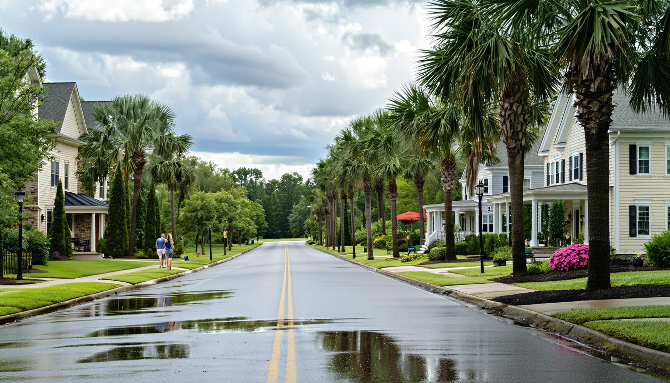A wide street in South Windsor, Connecticut lined with palm trees and puddles on the sidewalk after a rain shower, with homes visible in the background.