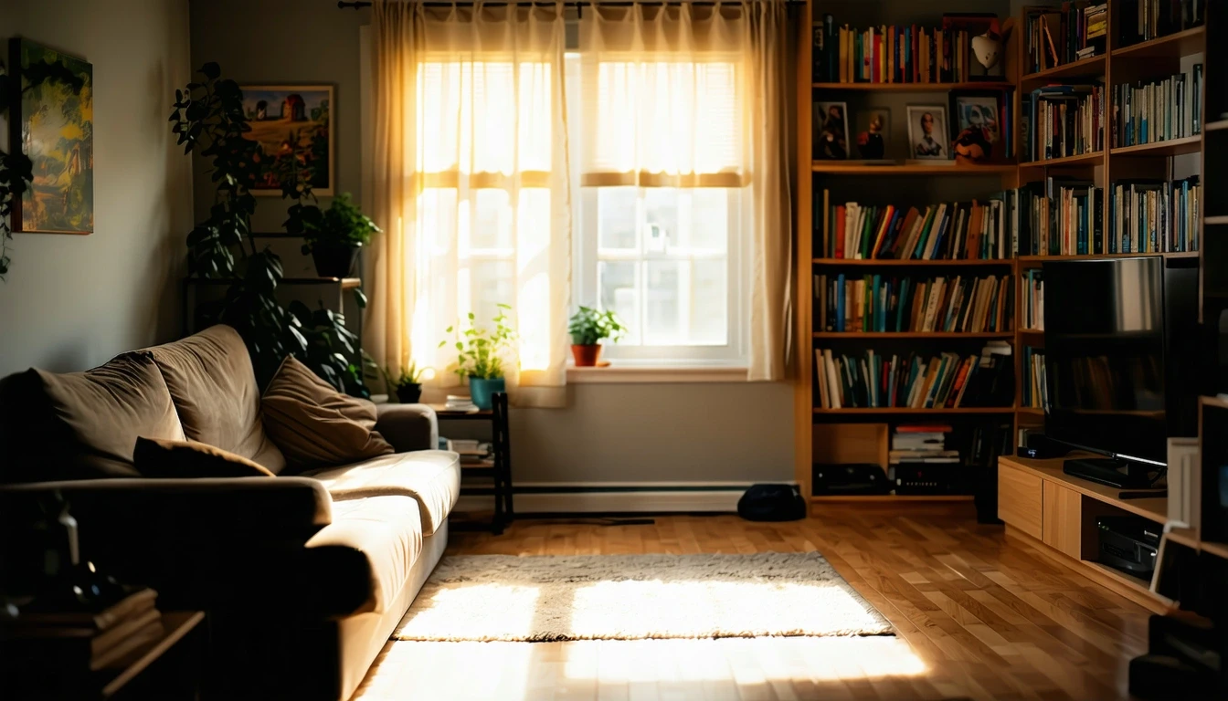 A cozy living room in an East Hartford, Connecticut home with a couch, bookshelves, and warm afternoon light filtering through sheer curtains.