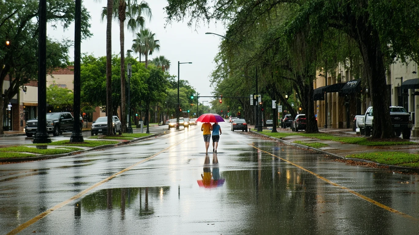 Avenue in downtown Austin after a rainstorm, with wet streets, palm trees, and building reflections in puddles. A couple walks together under an umbrella.