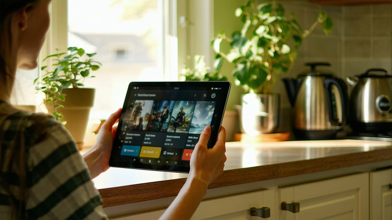 A person looking at streaming service prices on a tablet in a suburban kitchen.