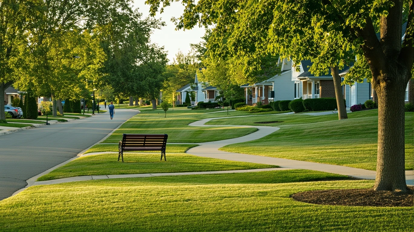 A view of a grassy neighborhood park with a bench and path, seen from across a tree-lined street in Maple Grove, MN.