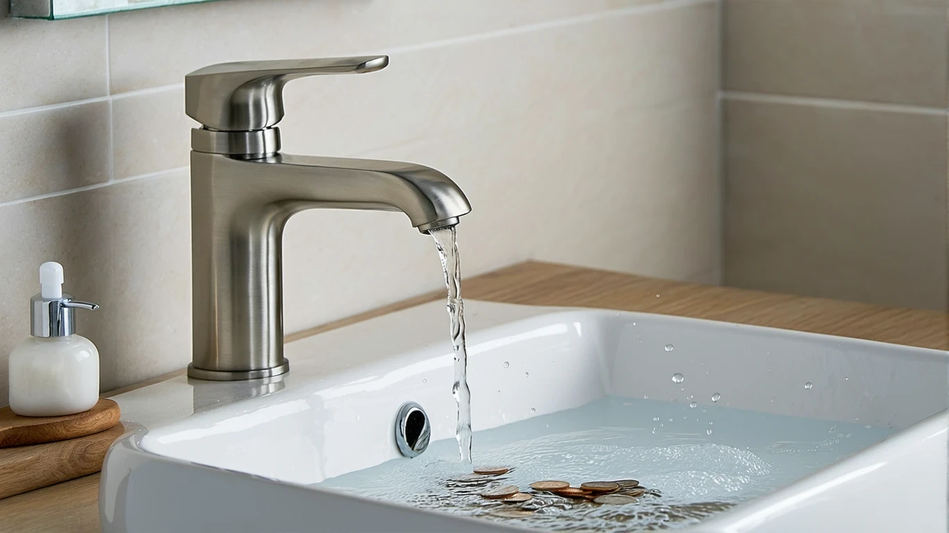 Close-up of a bathroom faucet dripping water into a sink with coins inside.