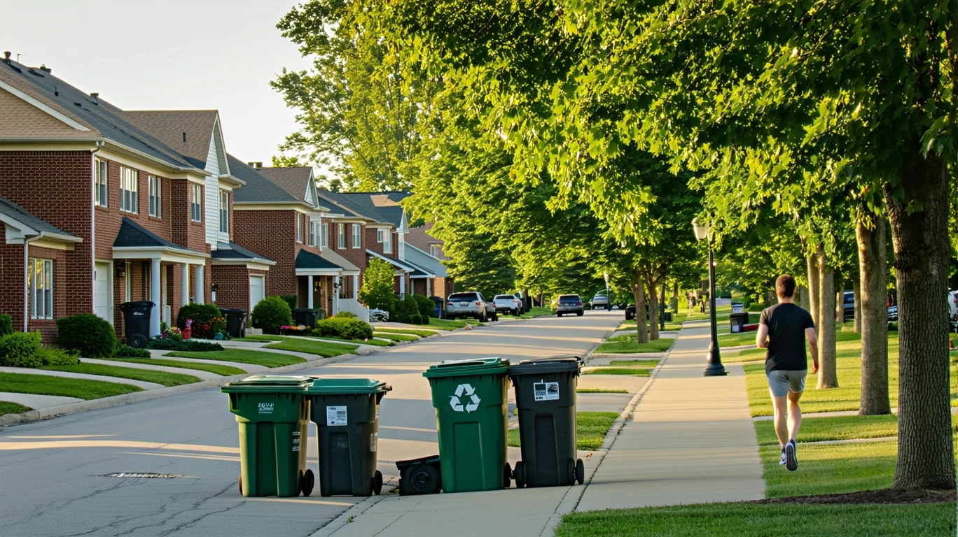 A tree-lined suburban street in Maple Grove, Minnesota with red-brick homes, trash bins on the curb, and a jogger on the sidewalk.