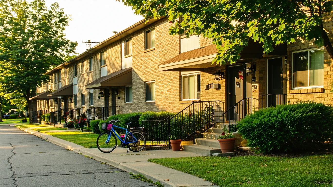 A small apartment building in Maple Grove, Minnesota with potted plants and bicycles out front.