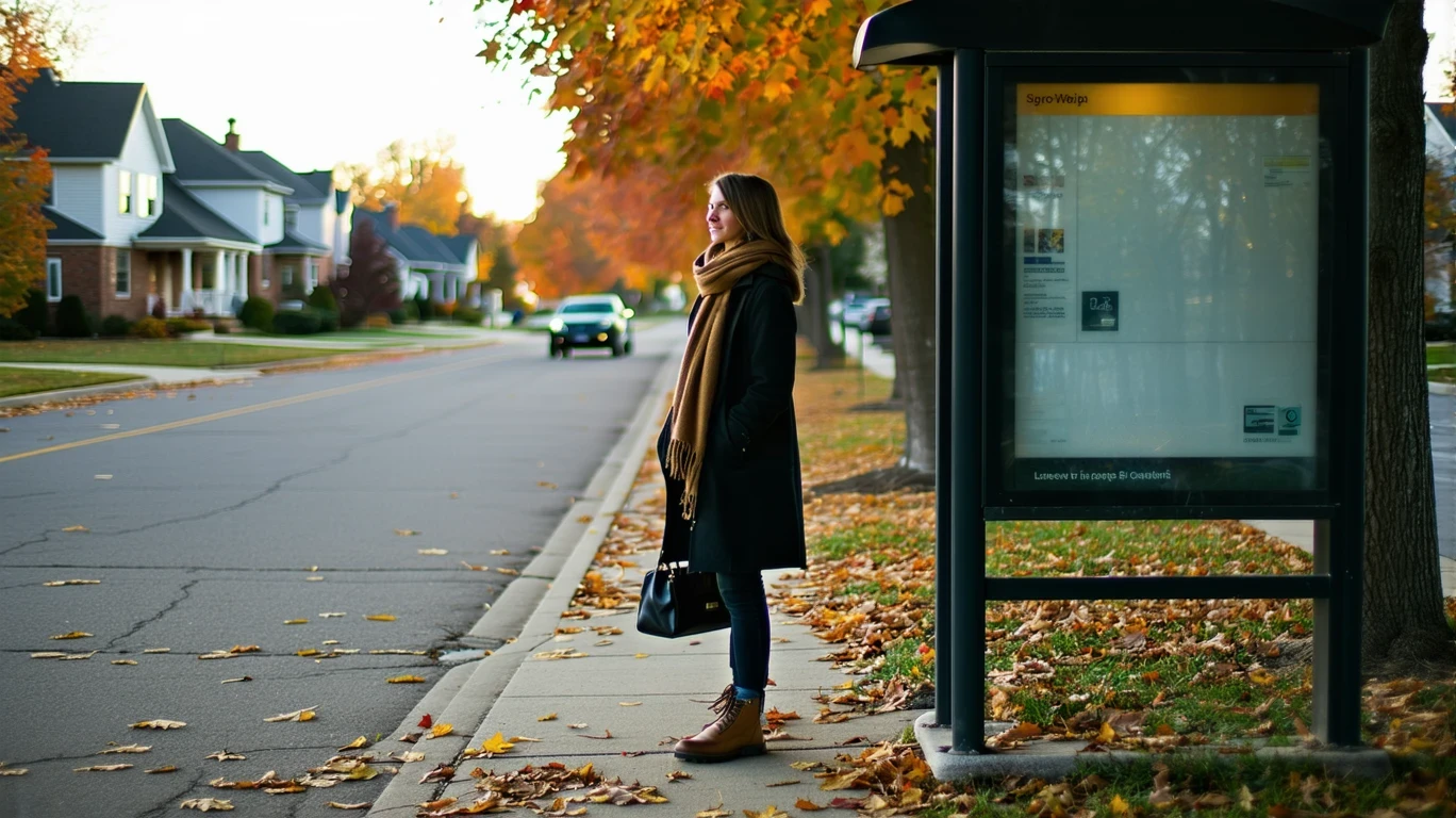 A young woman waiting alone at a suburban bus stop on a quiet residential street in autumn.