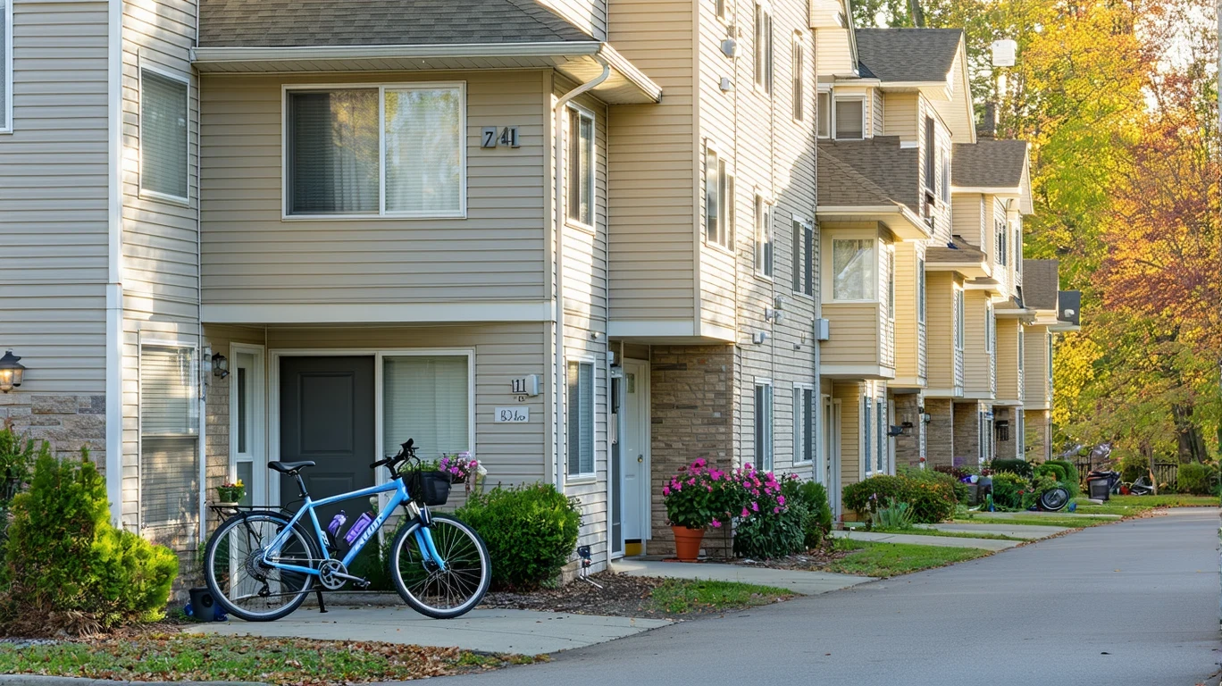 Exterior view of a small apartment building in Maple Grove, MN with bicycles and potted plants by the doors on a sunny fall day.