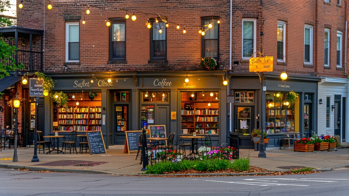 Exterior view of local shops on a peaceful Saint Paul street corner in the evening, with string lights and empty patio tables.