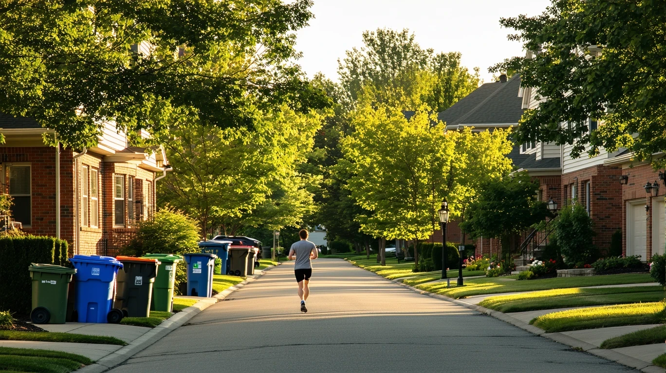 A jogger runs past a row of red-brick homes on a sunny suburban street lined with recycling bins and mature trees.