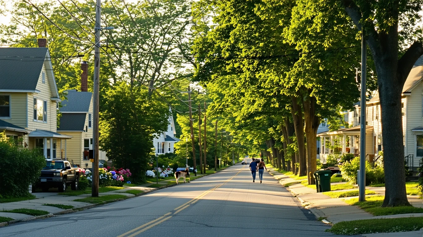 Maple trees arch over a residential street in Brooklyn Park, with sunlight filtering through leaves above power lines.