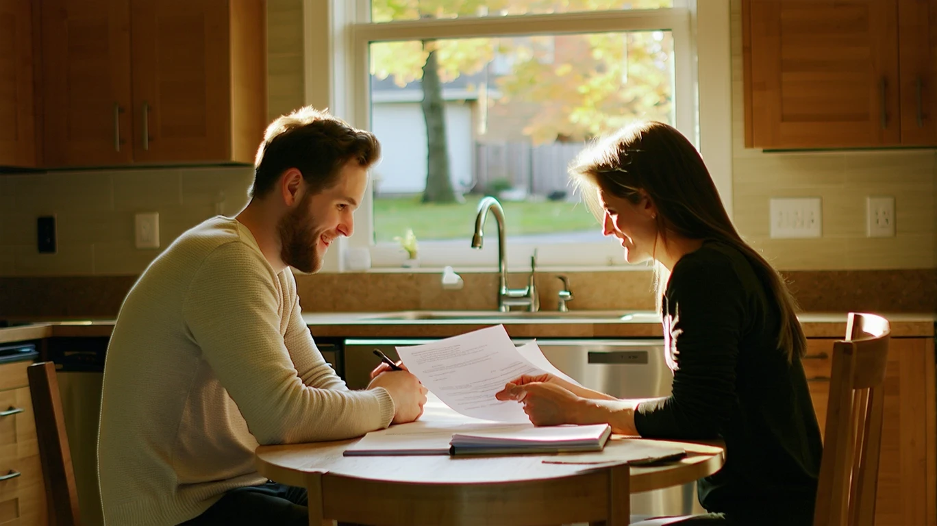 A couple reviewing finances at their kitchen table in Maple Grove, MN home at dusk.