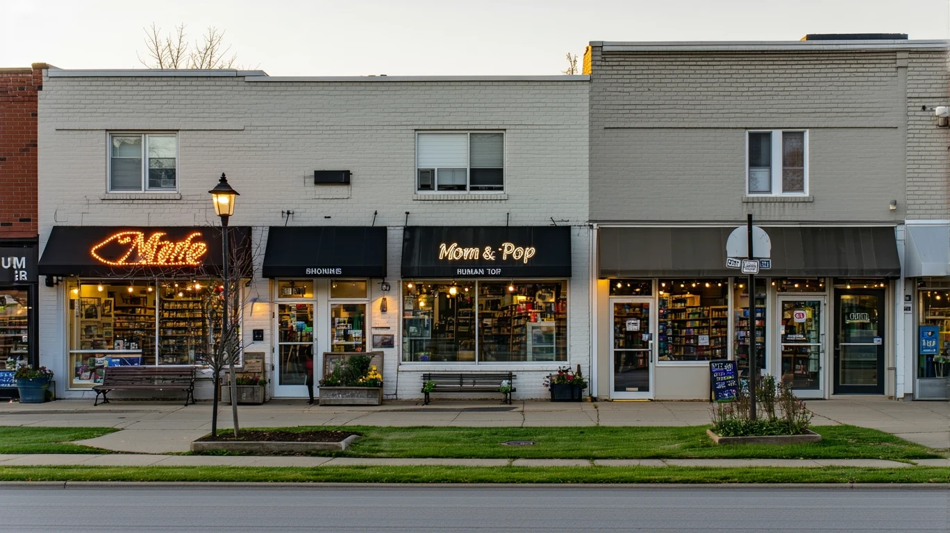 A row of local shops next to a residential street in Maple Grove, MN at sunset.