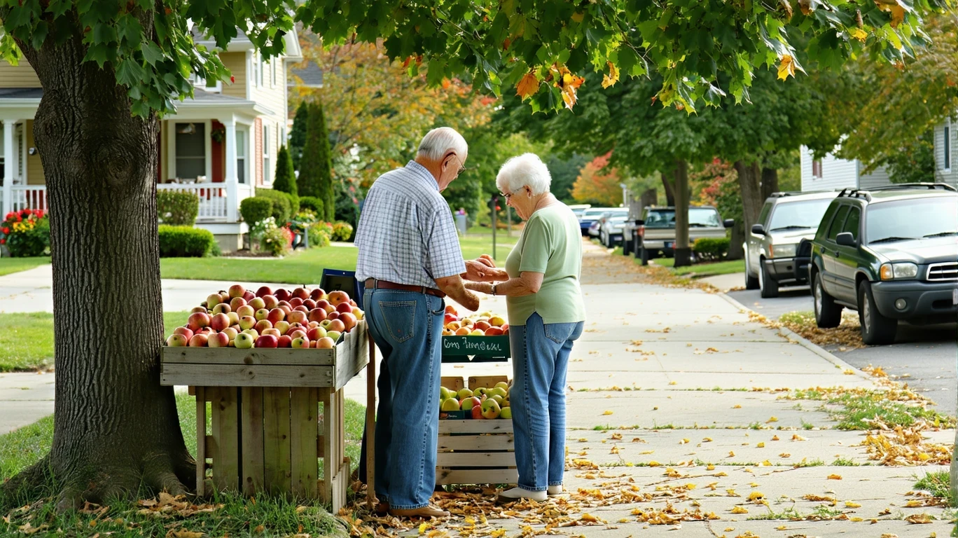 An elderly couple examining apples at a small produce stand on a suburban street.