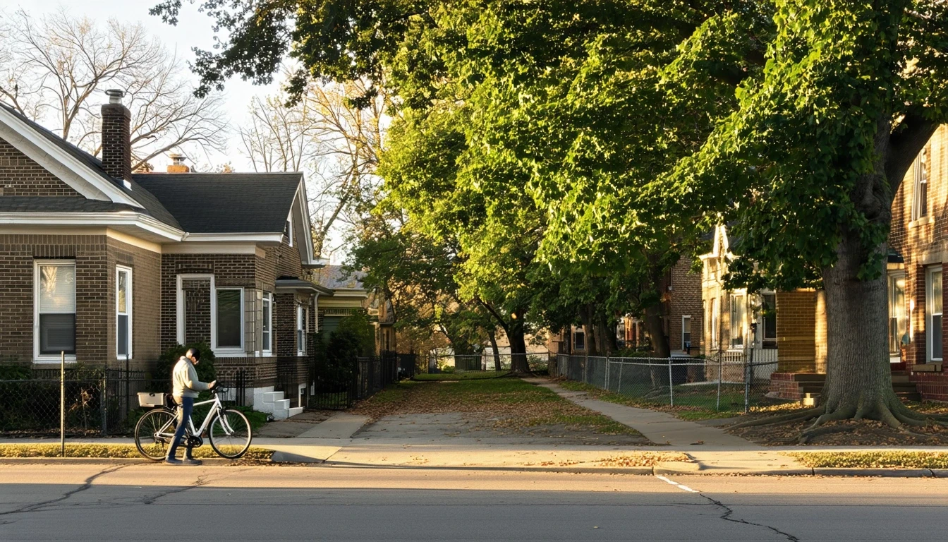 Early morning view of Saint Louis residential street with brick bungalows and tree-lined sidewalks