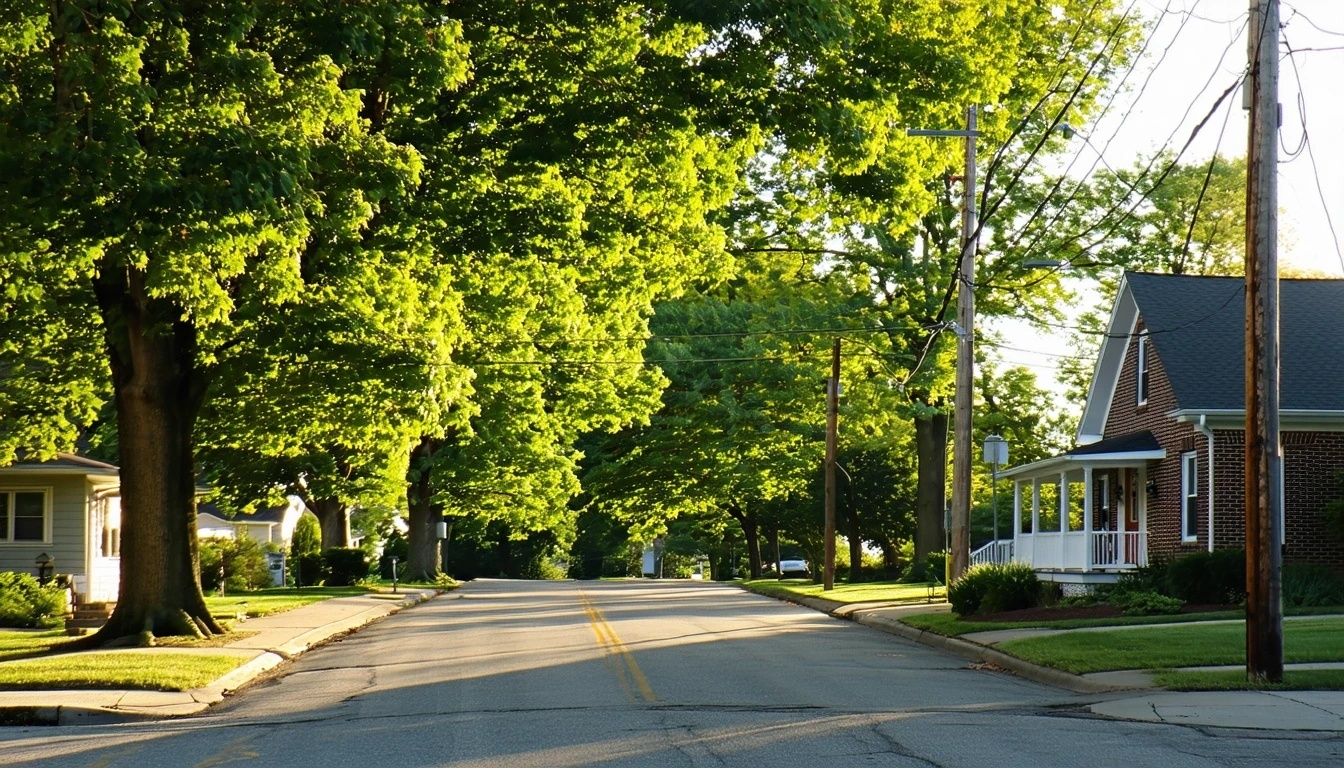 Tree-lined residential street with dappled sunlight and telephone wires in Florissant, Missouri