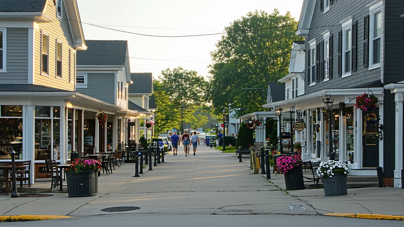 A row of local shops on a quiet neighborhood street in the evening, with empty patio seats and planters out front. A few people walk in the distance.