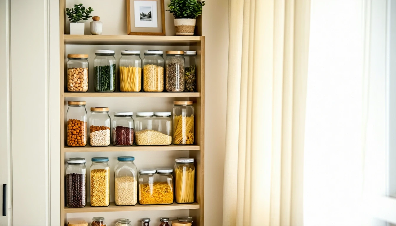 A pantry shelf stocked with jars of beans, pasta, and rice.