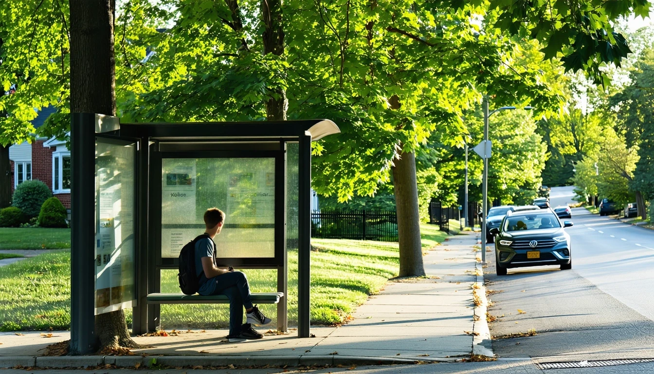 A man waiting at a bus stop bench on a tree-lined suburban street in Mclean, Virginia.