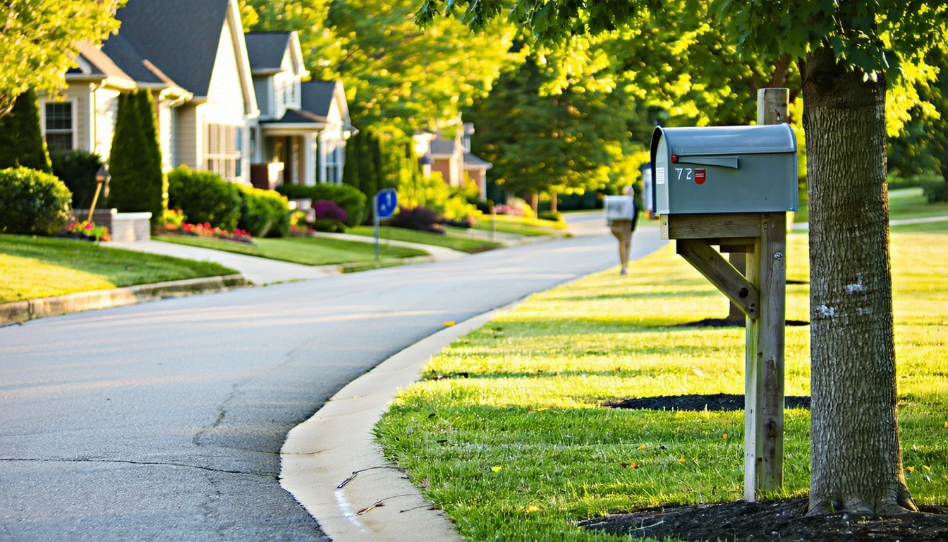 A sunlit suburban sidewalk in Mclean, Virginia with a row of gray mailboxes and trees lining the street.