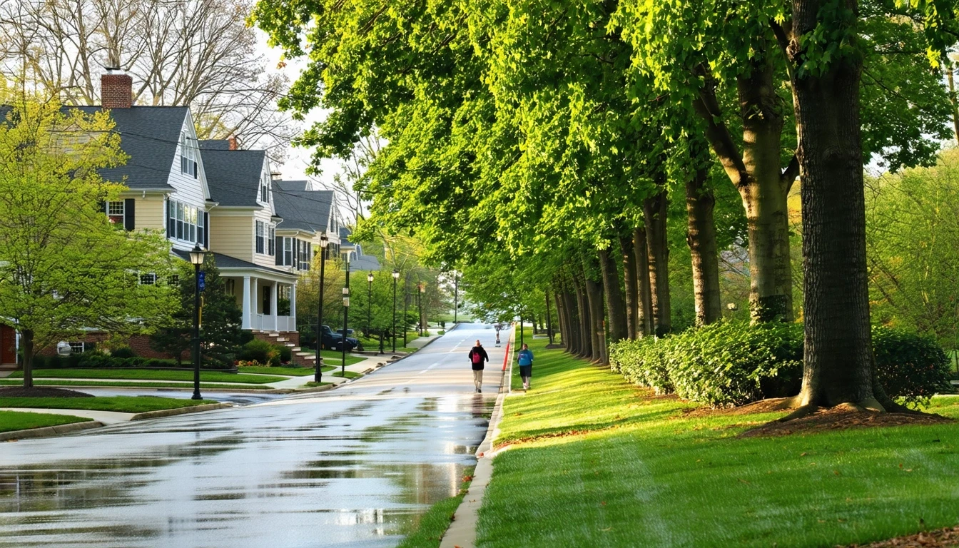 A wet, tree-lined street in Mclean, VA with people walking on the sidewalk after a rain shower.