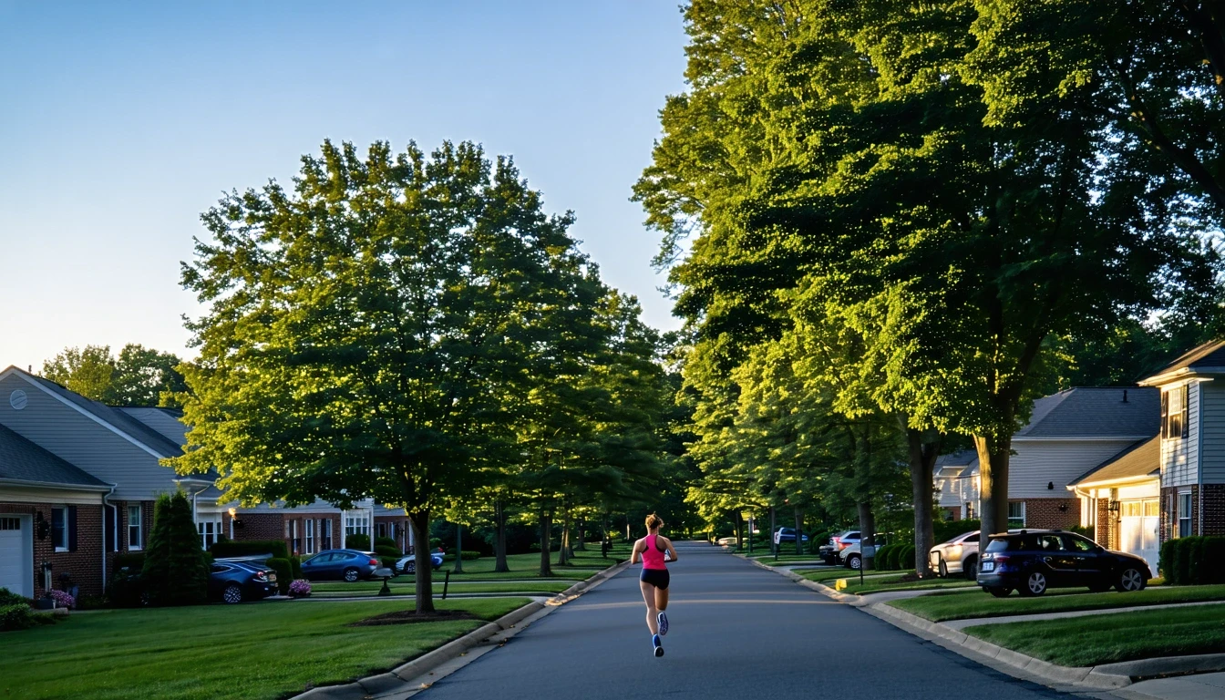 A tree-lined street in Mclean, Virginia with single-story homes and a jogger on the sidewalk at sunrise.