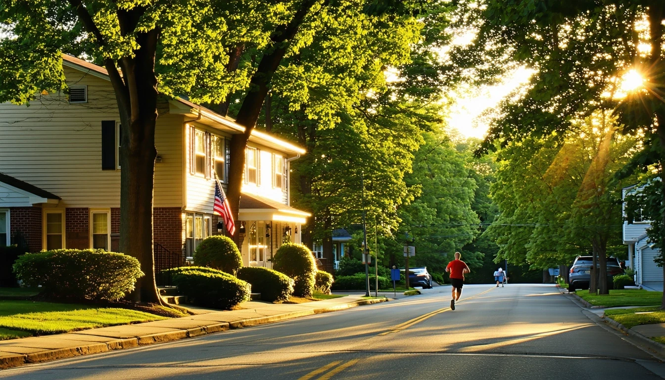 A suburban street in Mclean, Virginia with one-story homes, manicured lawns, and leafy trees in the early morning light.