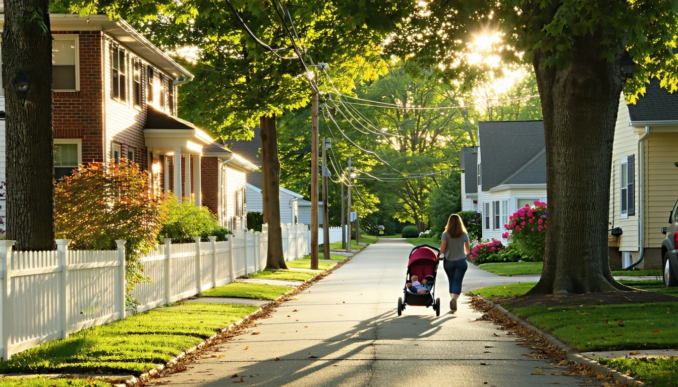 A tree-lined street in Vienna, Virginia with tidy homes, a sidewalk, and a woman pushing a stroller on a warm fall day.