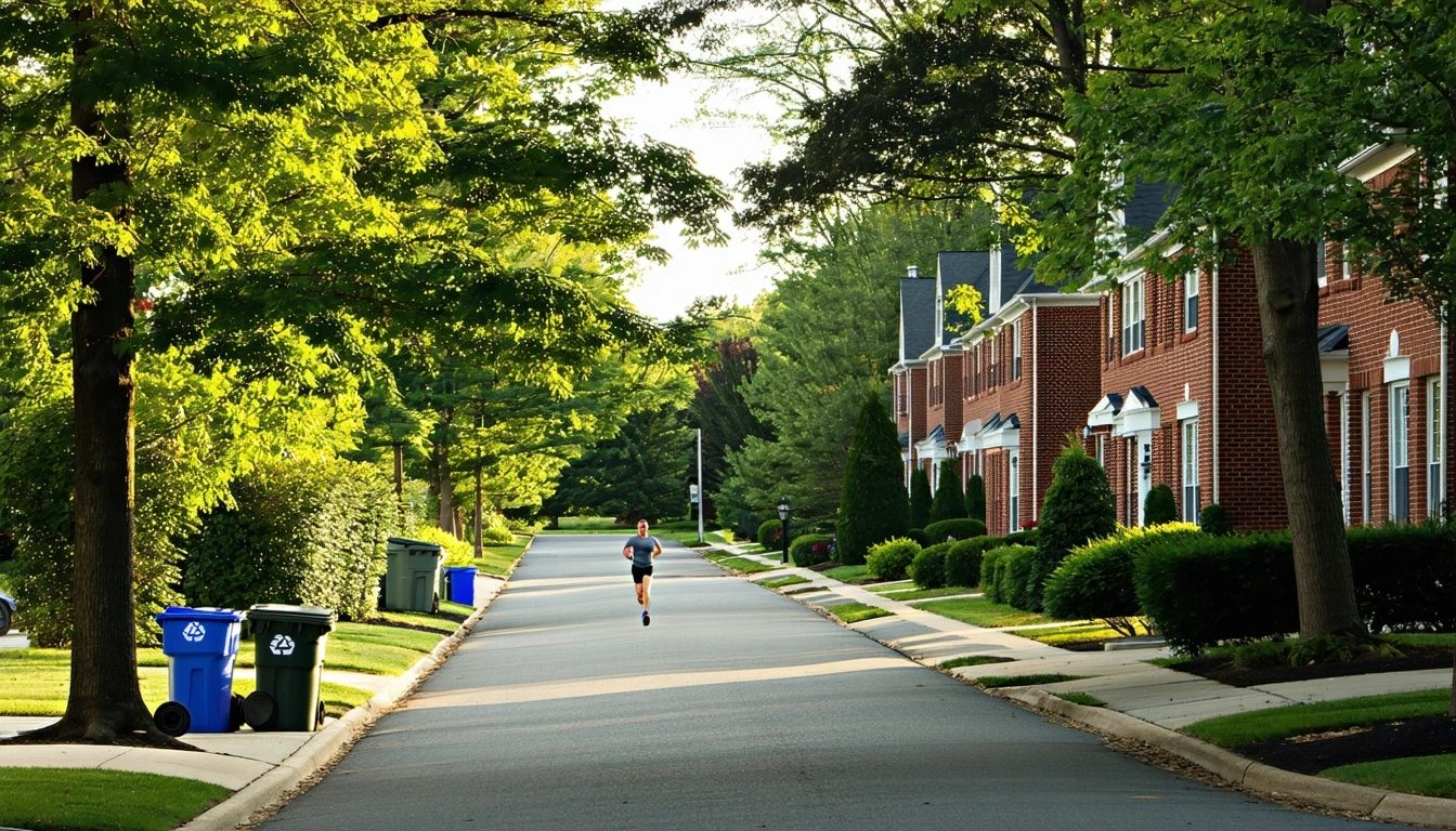 A quiet suburban street in Mclean, Virginia with brick homes, recycling bins by the curb, and a jogger running past in the morning light.