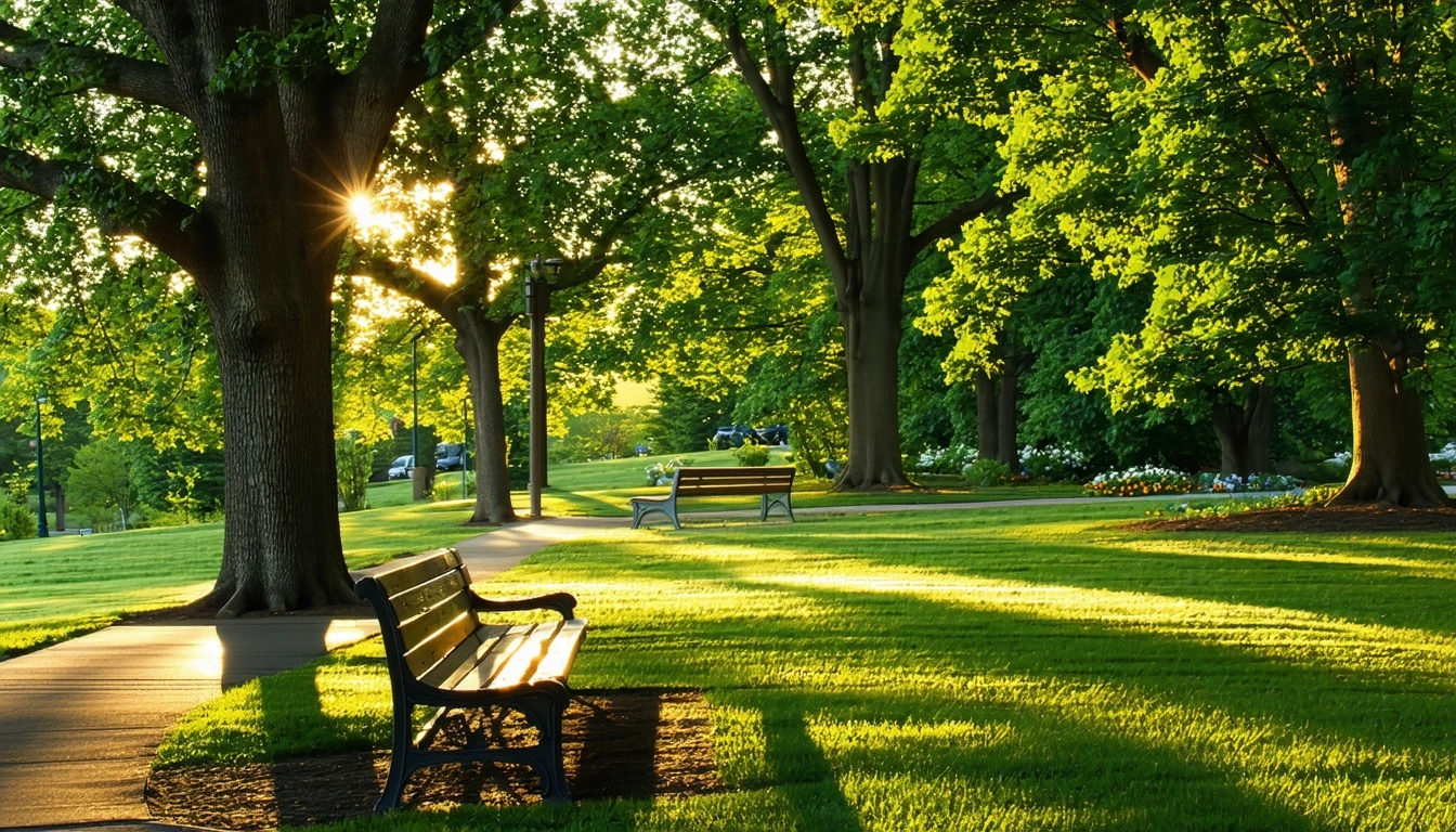 A peaceful park in Falls Church, Virginia with a green lawn, old oak trees, empty benches, and golden hour light stretching across the grass.