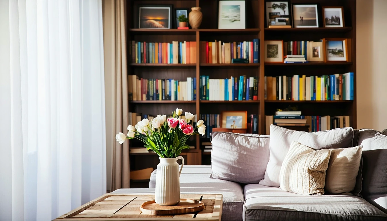 A sunlit living room with a gray couch, wooden bookshelf, and coffee table with flowers.